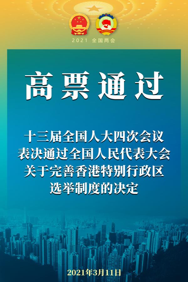 全国人大高票通过关于完善香港特别行政区选举制度的决定