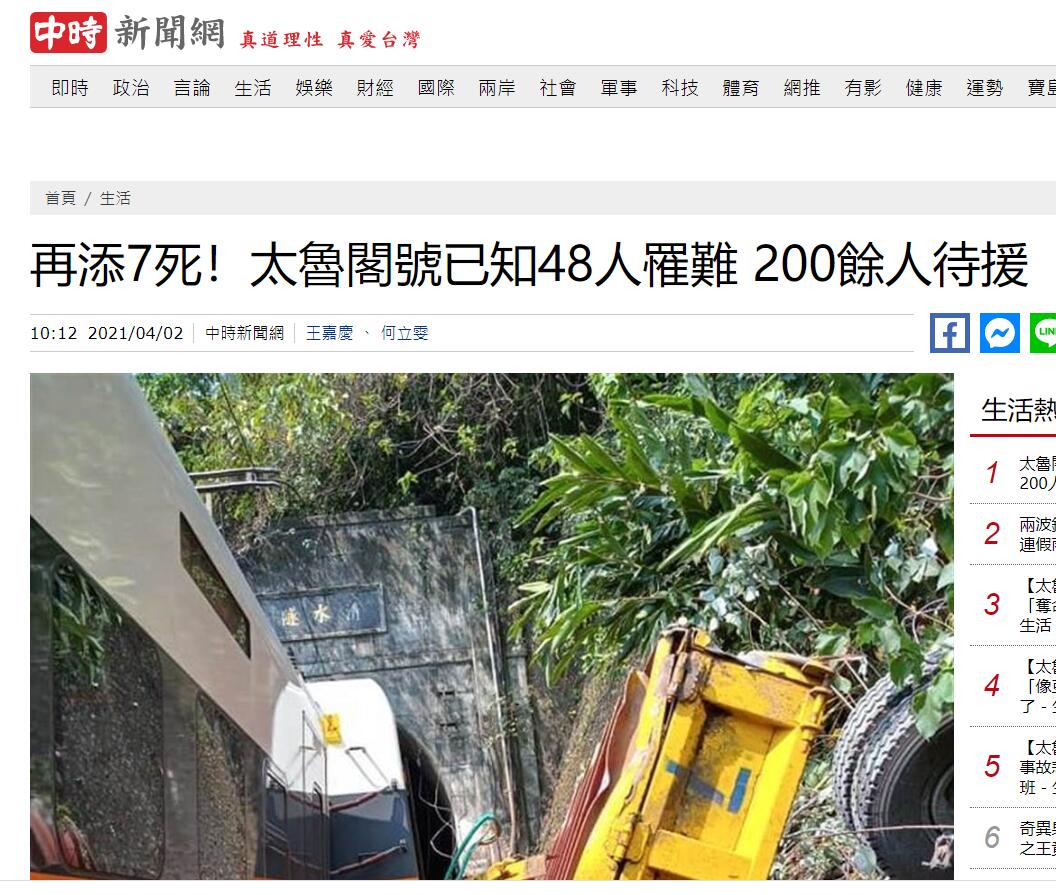 台湾列车出轨事故：目前已致48人死亡 超200人等待救援