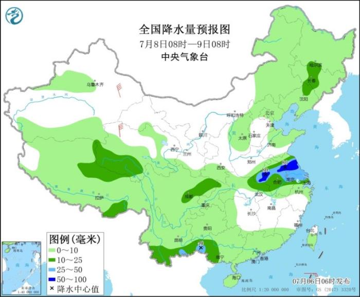 西南地区东部江汉至淮河流域有较强降水