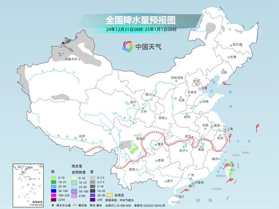 全国大部在晴朗升温中迎接2025年 西藏青海等地有明显降雪