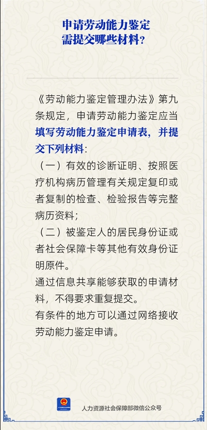 申请劳动能力鉴定需提交哪些材料？人社部解答