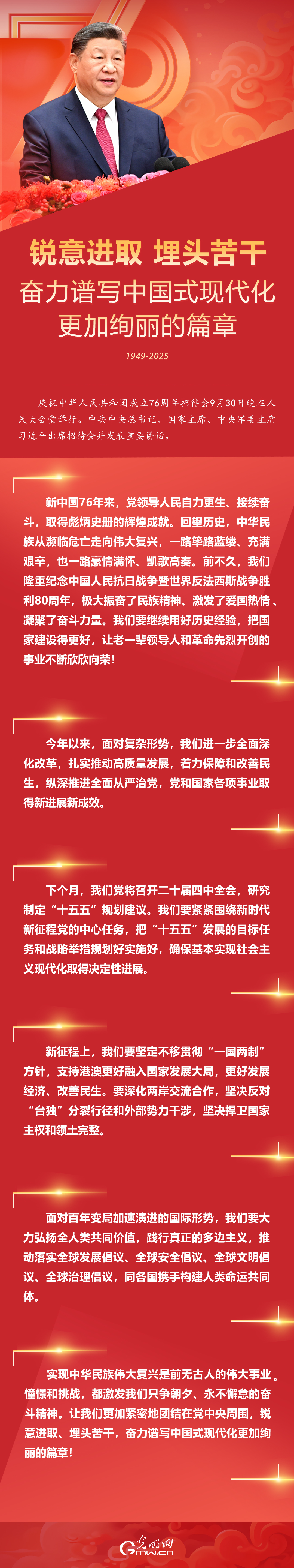 奋力谱写中国式现代化更加绚丽的篇章 一图速览习近平在新中国成立76周年招待会上的讲话