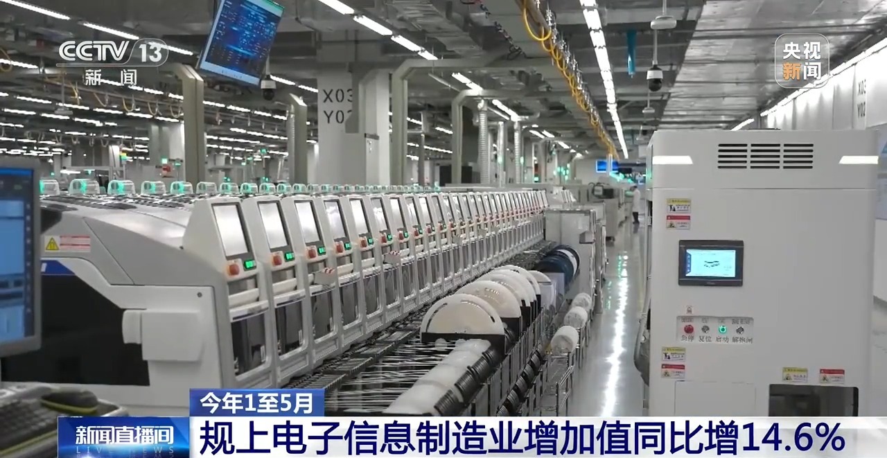 今年1至5月规模以上电子信息制造业增加值同比增14.6%