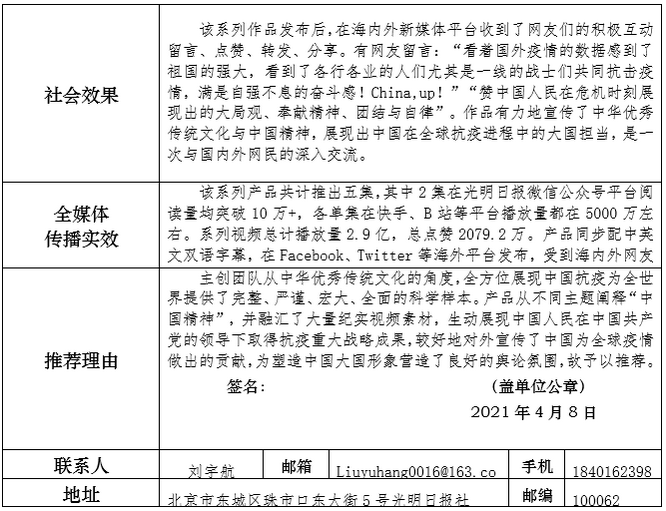 光明日报社参评第三十一届中国新闻奖融媒体作品《中国文化与全球抗疫》公示