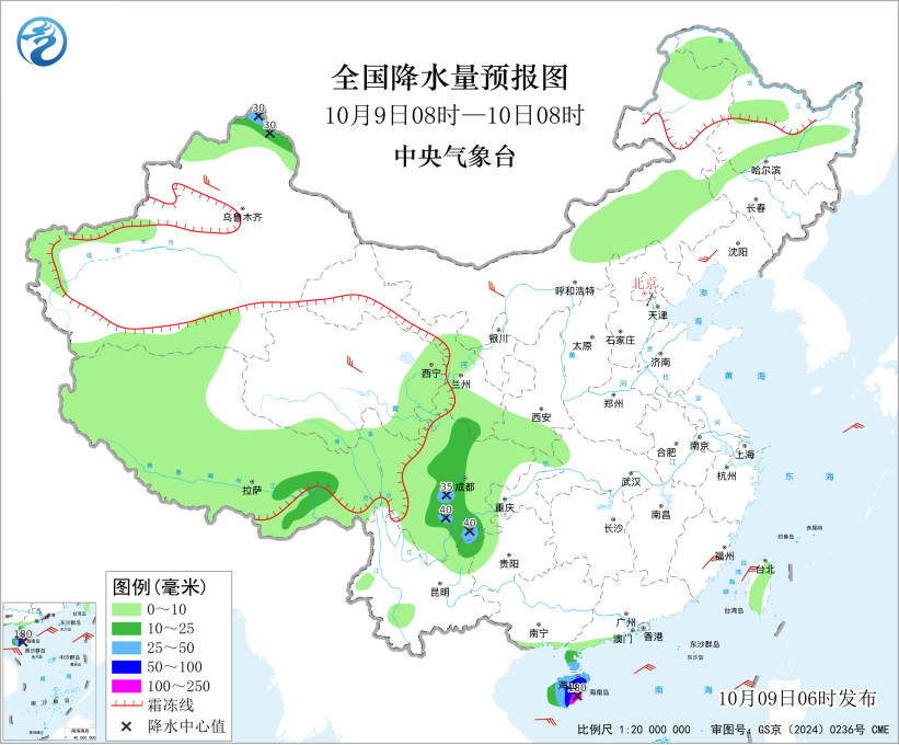 海南岛有强降雨 青藏高原和华西地区多阴雨天气